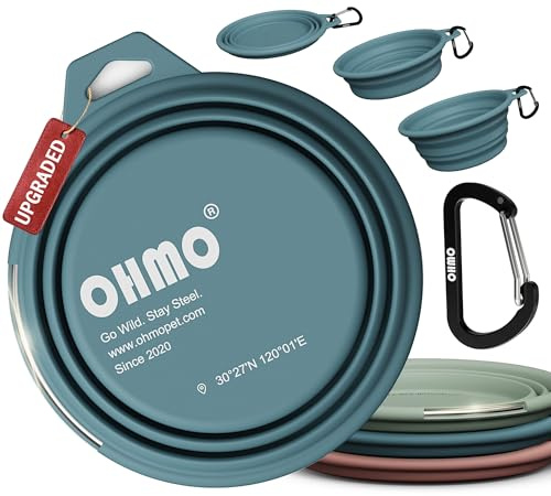 OHMO Hundskål vikbar med rostfri ring, stor 800 ml premium silikonskål för hundar och katter, robusta reseskålar för utomhus, camping, vandring