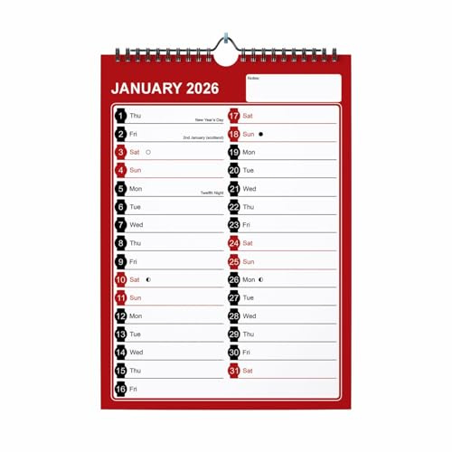 A4 2026 Wall Calendar Month To View Red And Black 12 Month Hanging Planner With Strip Includes UK Holidays, Important Dates And Moon Phases Home Office Family Organiser