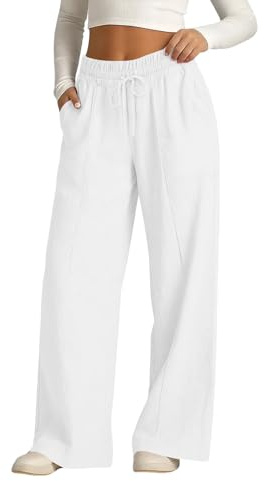 KUIH Womens Linen Trousers Wide Leg Trouser High Waisted Elasticated Casual Loose Pants with Side Pocket Lightweight Breathable Palazzo Ladies Summer Trousers for Holiday Beach Travel Work White