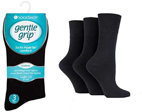 Ladies Diabetic Gentle Grip HoneyComb Top Non Elastic Seamless Socks 3 Pairs (Black) Size 4-8