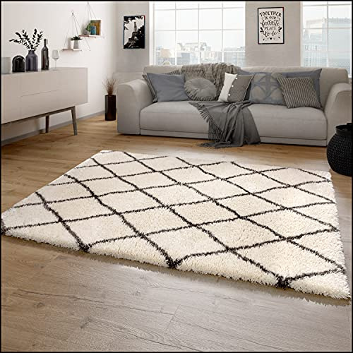 Paco Home Tapis Shaggy Tapis De Salon Shaggy Poil Long Motif Diamant Scandinave Moderne, Dimension:120x160 cm, Couleur:Crème 2