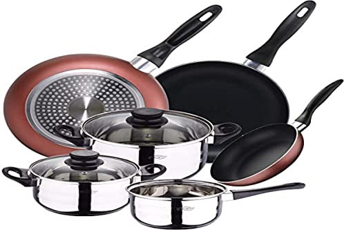 Renberg Bateria de cocina 5 piezas San Ignacio de acero inoxidable con juego de sartenes (16,20,24 cm) en aluminio prensado aptas para induccion, PK3214
