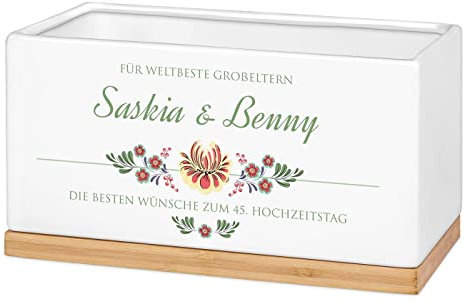 Maverton Keramik Blumentopf mit Untersetzer - Pflanzkübel mit Aufdruck - Übertopf rechteckig - Dekotopf für Paare - zur Hochzeit - zum Hochzeitstag - personalisiert - Weiß - Folklore