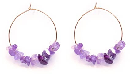 Pendientes piedra natural y aro acero inoxidable. Pendientes piedra curativa, energética y aros dorados (Piedra Amatista)