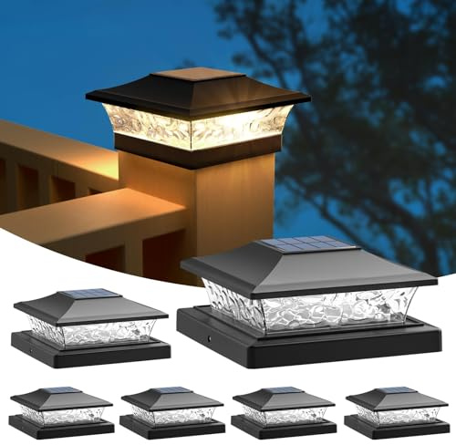 APONUO Solar Post Cap Lights 6 Pack for 4x4 5x5 6x6 Wood & Vinyl Fences - IP65 Waterproof, All-Night Auto On/Off, Warm/Cool White Light, Outdoor Deck Patio Garden (Black)