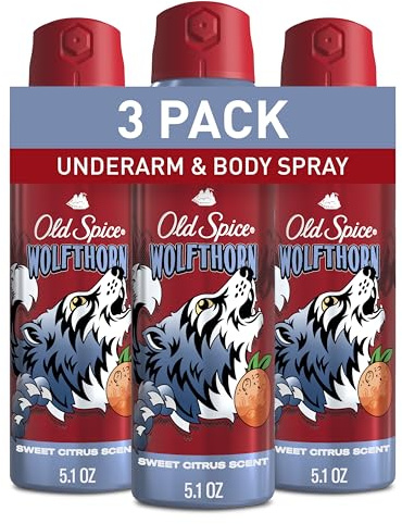 Old Spice Aluminum Free Body Spray for Men, 24/7 Odor Protection, 24/7 Lasting Fragnance & Freshness, Cologne Quality Scent, Wolfthorn with Sweet Citrus Scent, 5.1 oz (Pack of 3)
