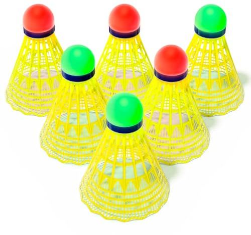 HIRALIY LED Badminton Birdies 6 PCS, 360° Glow in The Dark Nylon Badminton Shuttlecocks, 2 Color Light Up Birdie Ball Set with Stable Glowing, Indoor Outdoor Backyard Practice & Family Gamess (6)