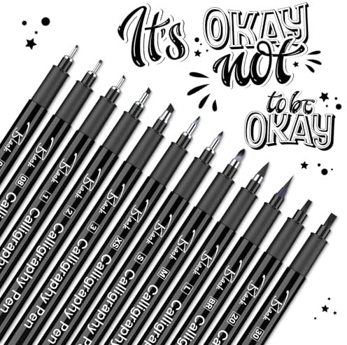 YYSHUS 12 Kalligraphie-Stifte Schwarz – Kalligrafie-Set für Anfänger, Fineliner & Pinselspitzen – Wasserfester Stift zum Zeichnen, Handlettering & Unterschriften