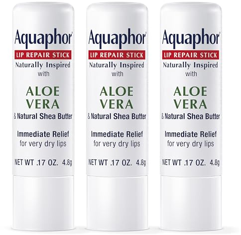Aquaphor Naturally Inspired Lip Repair Stick with Aloe Vera and Natural Shea Butter, Hydrating Lip Balm Immediately Relieves Dryness and Soothes Chapped Lips, 0.17 Oz Stick, Pack of 3