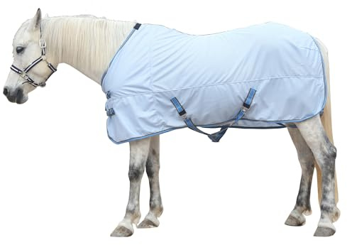 Gallopoff Fliegendecke für Pferde, atmungsaktive Sommerdecke mit UV-Schutz und Kratzschutz, mit verstellbarem Brustverschluss, Kreuzgurt und Beinschnüren Hellblau 155 cm