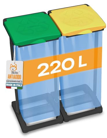 AKITAInk - Portasacchi Raccolta Differenziata 220L | Pattumiera 2 Scomparti Multicolore con Porta Rotolo, Coperchi Impermeabili Anti Odore, Polipropilene Resistente Made in Italy - 94,5x36x81 cm