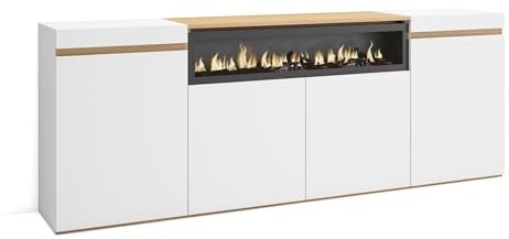 Skraut Home | Sideboard, Highboard | Kommode, Komodenschrank | 200x75x35cm | 4 Türen | Elektrokamin. | Moderner Stil | Weiß und Eiche Soft