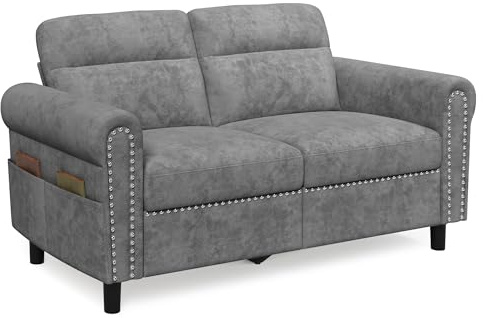 Blishom Sofa 2 Sitzer, Kleine Couch, Sofa mit Seitentasche, Modernes Zweiersofa mit abnehmbare Sitzkissen und Holzfüße für Wohnzimmer, Schlafzimmer, Büro, Apartment, 152 x 76 x 84 cm (Dunkelgrau)