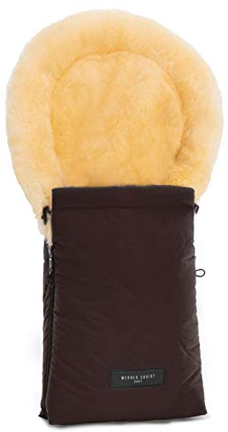Saco cubrepiernas OSLO de piel de cordero para capazo o carrito de bebé de WERNER CHRIST BABY –Universal (78x33 cm) para invierno de curtido medicinal, en marrón chocolate
