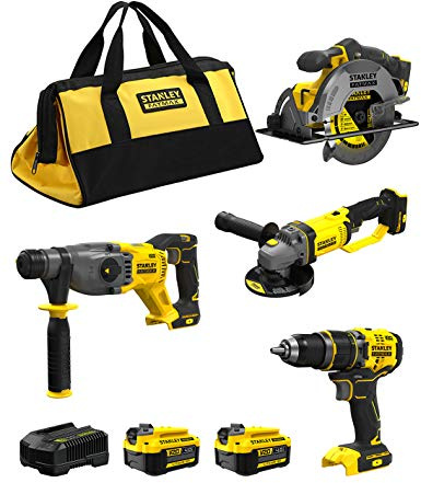 STANLEY FatMax Kit SVK20424C (Schlagbohrschrauber SFMCD721 + Kombihammer SFMCH900 + Handkreissäge SFMCS500 + Mini-Schleifer SFMCG400 + 2 Batterien 4,0 Ah + Ladegerät + Tasche XL)