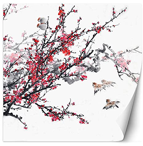 Feeby Vlies Fototapete Japanisches Aquarell 250x250 cm Rosa Wanddeko Inklusive Kleister Hotel Spa Büro Wohnzimmer Schlafzimmer Flur Vögel Kirschblüte Zweig