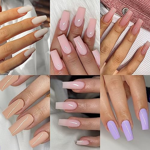 6 Packungen lange Presse auf Nägel Sargform,KXAMELIE Frühling gefälschte Nägel solide falsche Nägel weißrosa lila für Frauen Mädchen,144 Stück