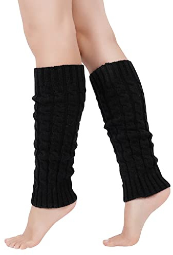 GoGou Leg Warmers for Women Thermal Black Leg Warmers, Chunky Cable Knitted Leg Warmer 80s, Stylish Accessories for Fancy Party Ballet Skating Ice Dancing (leg warmer blcak)