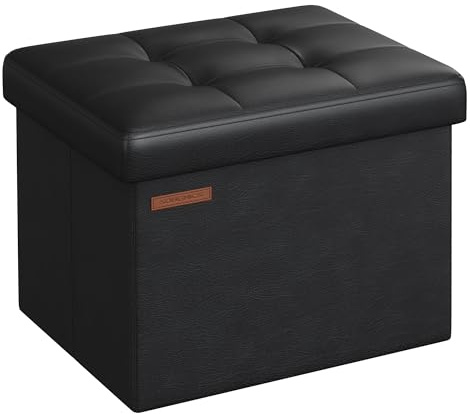 SONGMICS Petit Tabouret de Rangement Pliable, Repose-Pieds, Pouf, PU, 31 x 41 x 31 cm, Capacité de Charge 130 kg, pour Salon, Chambre, Dortoir, Noir d’Encre LSF100B01