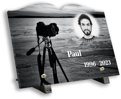 FUNELIOR Plaque Funéraire Personnalisée - Plaque mortuaire Thème Photographie Noir & Blanc (Livre (30x20 cm)) Socle Pieds en Bronze - Fabrication Française