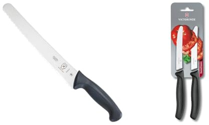 Mercer Culinary M23210, Stainless Steel, Black, 10-Inch Wide Wavy Edge Bread Knife & Victorinox 11 cm Swiss Classic Serrated Edge Tomato/Utility Knife in Blister Pack, Set of 2, Black