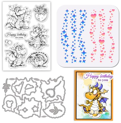 GLOBLELAND Transparenter Stempel Mit Cartoon Drache Liebesherz Blatt Stanzform Stern PET Farbe Bastelvorlage Schablonen Set Für Die Kartengestaltung DIY Prägung Scrapbooking Basteldekor