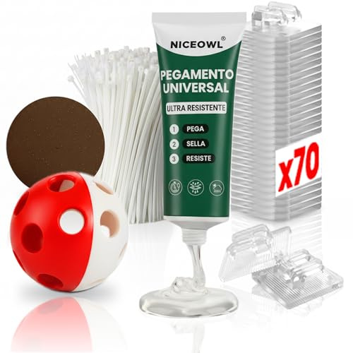 NICEOWL® Kit de Fijación Red Sin Taladros | Juguete Gratis | Pack 70 Ganchos Adhesivos + 100ml Pegamento Universal +35 Bridas + Lija | Red para Gatos Terraza | Clips Anti UV | Red Gatos Terraza
