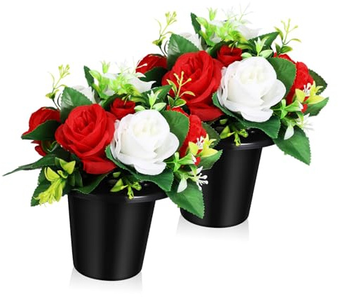 KONTONTY Fiori Artificiali per Cimitero in Vaso Bianco e Rosso, Piccola Composizione Floreale Resistente per Decorazioni Esterne e Tombe, Set da 2 Pezzi per Funerali e Commemorazioni