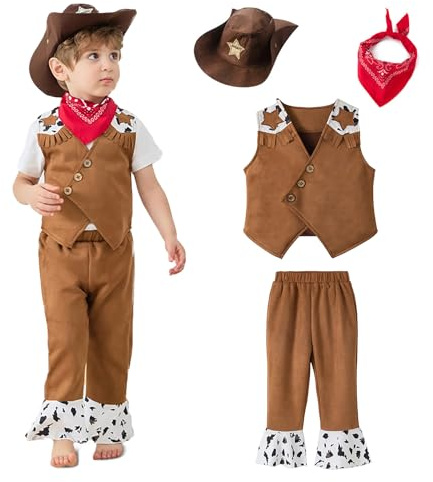 Deguisement Cowboy Enfant, Costume Cowboy Enfant avec Chapeau Cowboys Enfants, Gilet, Foulard, Deguisement enfant Garcon pour Carnaval, Cosplay, Fête d'Halloween (Style Etoilé, 4 à 5 ans)