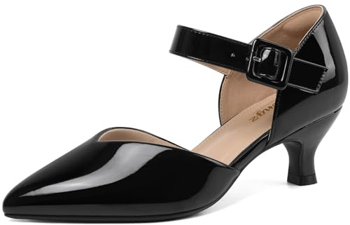 RIBONGZ Black Patent Comfort Kitten Heels Prom Low Heels for Women Closed Pointed Toe Slip on Ankle Strap Buckle Pumps Church Wedding Bridal Working Dressy Shoes 8