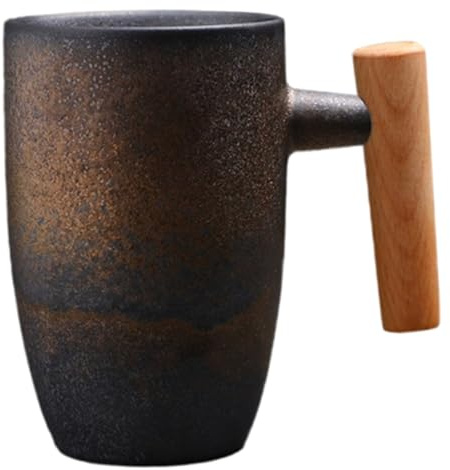 NASSMOSSE Ceramic Coffee Mug, 220ml Japanese-Style Vintage Coffee Mugs with Wooden Handle for Home Office for Tea Drinks Water, Golden