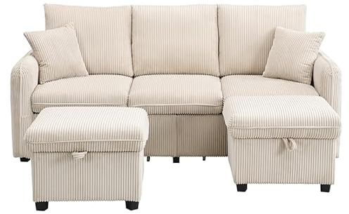 Modulares U-Form Ecksofa Dreisitzer Cordbezug Stauraum-Schubladen Metallkörbe Zwei Ottomane-Hocker Klappfach Bettfunktion L-Layout Wandelbar Komfortkissen Set Apartment Wohnzimmer Modern (Beige)