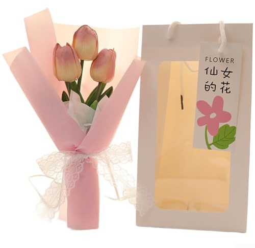 Tulpanbukett med praktisk klar handväska och koordinerande lampa för vardagsrum sovrum eller arbetsyta accenter (3 rosa blommor)