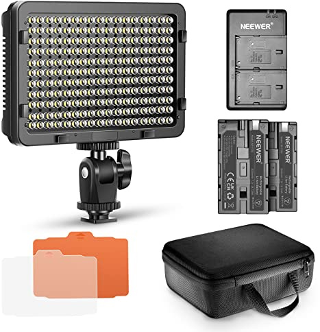 Neewer Kit de 176 Lampe Vidéo LED Dimmable: 176 Panneau LED 3200-5600K, 2 pcs Batterie Li-ION Rechargeable, Chargeur USB et Etui de Transport pour Canon, Nikon, Pentax, Sony DSLR