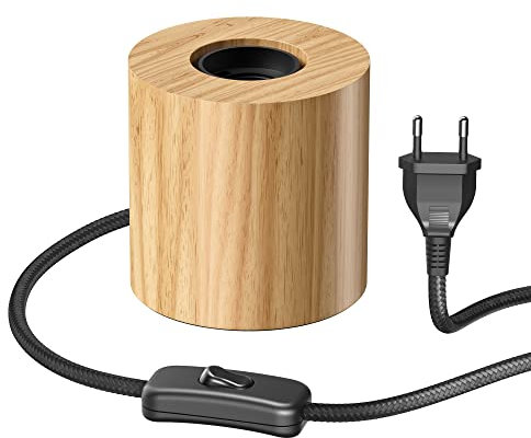 ledscom.de Tischlampe HITO, Schalter, Echtholz (Gummibaum), rund, hellbraun, 1x E27 max. 60W