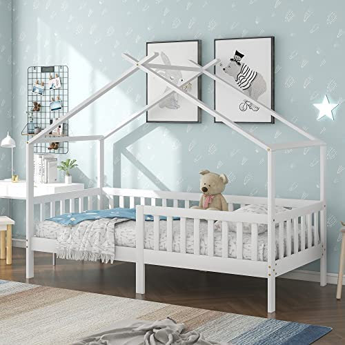 ModernLuxe Kinderbett Hausbett 90x200 cm Rausfallschutz Bett, Holzbett für Kids, Mit Rausfallschutz und Lattenrost, für Kinder (ohne Matratze) (90 x 200 cm Weiß)