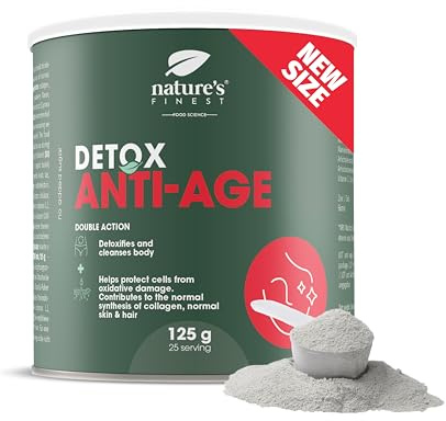 Nature's Finest Detox Anti Age Drink, Trinkpulver 125 g | Kollagen mit Chlorella, Mariendistel, Artischocke, Zink, Biotin & Vitamin C - Erdbeergeschmack, glutenfrei