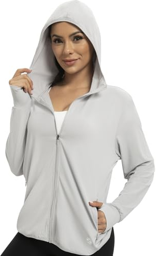 Womens Athletic Jacket, UPF50+ UV Protection Hoodie Jacket Lightweight Zip Up Long Sleeve Sun Shirt with Thumb Holes (Grey, X-Large)