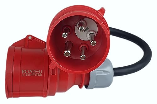 RoadEu - CEE Adapter 32A auf 32A mit Phasenwender – Starkstrom Verlängerung 32A Stecker auf Kupplung – 0,5m Gummikabel 5x4mm² – Industrie & Baustelle – IP44