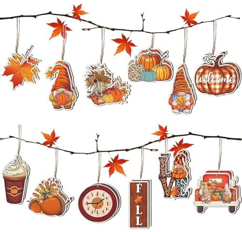 24 decorazioni autunnali da appendere, in legno, con spago di zucca, foglie d'acero, nani, decorazione da appendere per il Ringraziamento
