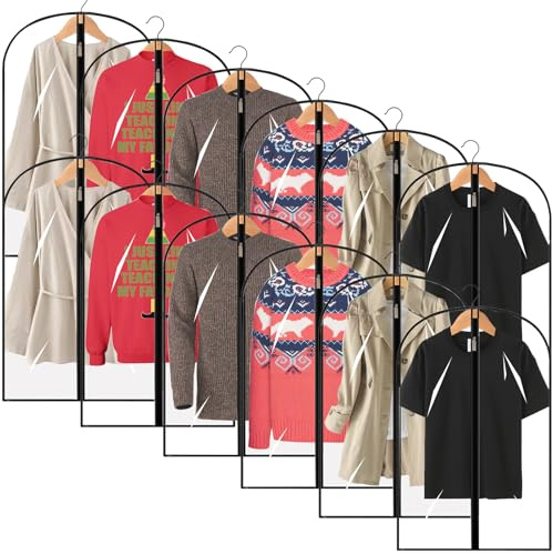 12 PCS Clear Plastic Garment Bags - Waterproof, Dustproof, Moth-Proof Clothes Covers and Suit Carrier Bags with Zip for Men and Women - Ideal for Wardrobe Storage, 24 x 40 Inch