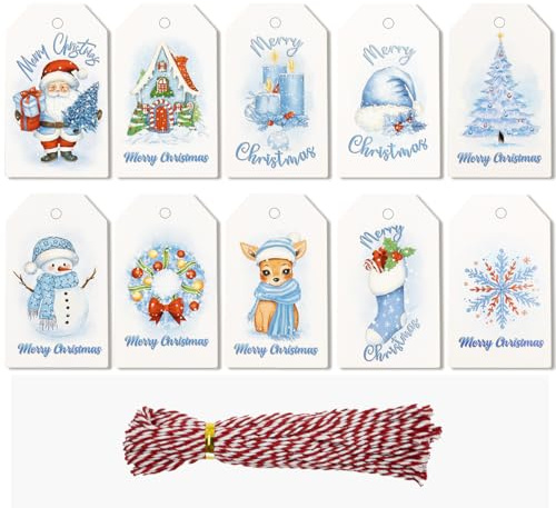 Christmas Tags Gift Labels for Presents - Xmas Gift Tags 50pcs 10 Design Paper Label with Jute String for Xmas Gift Decoration