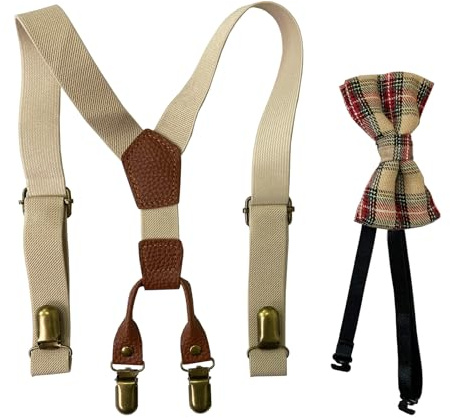 HISUNBEN Set di papillon per ragazzi con bretelle elastiche a Y con clip forti per bambini, bretelle regolabili per bambini dai 1 ai 14 anni, Set vip beige, Taglia unica