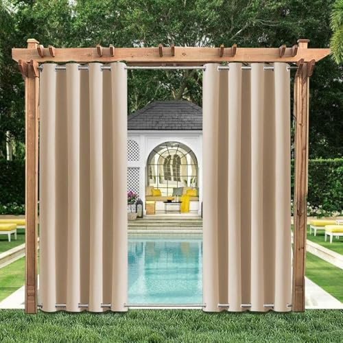 HUAXIQUE Rideaux d'extérieur imperméable Anneaux Bas et Haut Opaque Protection Anti-UV avec œillets Rideau Occultant Exterieur pour Terrasse Balcon Pergolas 100Lx215Hcm Crème