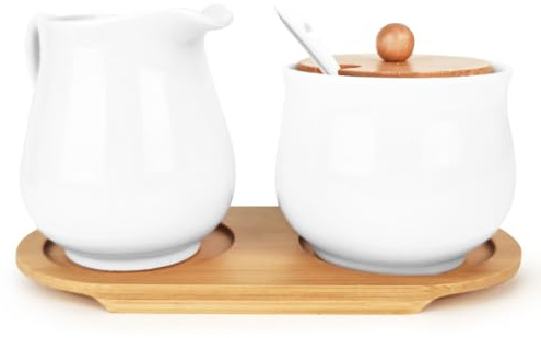 Mjölk- och sockerset, vit mjölkkanna porslin och sockerskål med lock och sked, keramisk mjölkbehållare och sockerbehållare med bricka för kök och kaffe, diskmaskin och mikrovågsugn säker