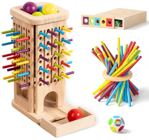 MFUSUL Montessori Spielzeug ab 3 Jahre, 3-IN-1 Brettspiele Lernspiele mit 40 Holzstäbe ab 4 Jahre, Kinder Holzspielzeug Motorikspielzeug & Klassifizierung, Montessori Geschenk 3 4 5 Jahr Kinder