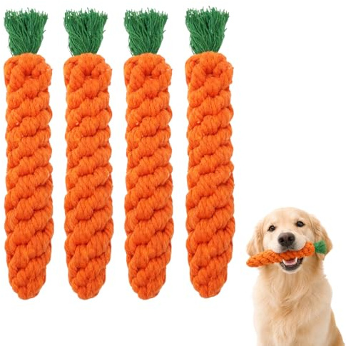 ikBrtaiay 4 Stück Hundespielzeug Karotte, Karotte Hundespielzeug Möhre, Robustes Kauspielzeug für Welpen, Karotten Spielzeug Hund, Geflochten Seil Welpenspielzeug Set für Kleine Mittelgroße Welpen
