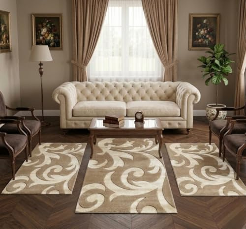 TexLom Tris Tappeti Scendiletto Camera da Letto, Parure 3 Pezzi in Velluto Frisè Antiscivolo, Design Floreale, Morbidi e Lavabili, Set Tappeti Decorativi per Camera (Beige)