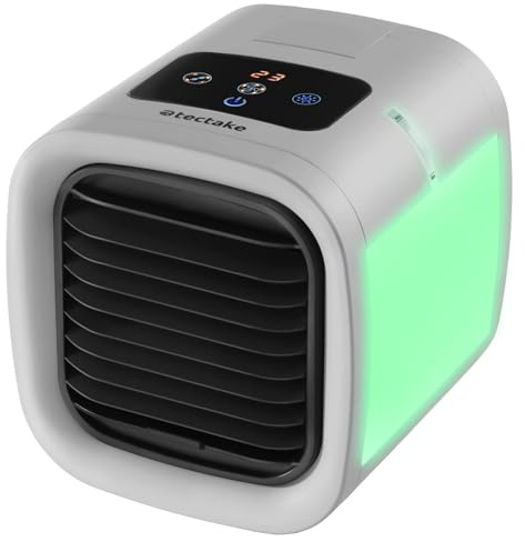 tectake® 3-in-1 Portable Air Cooler with Water Tank, LED Lighting, 5 Speeds & 2 Cooling Settings, Mini Air Conditioner with USB-C Port, Water Cooling Fan & Humidifier for Home, Office - Grey
