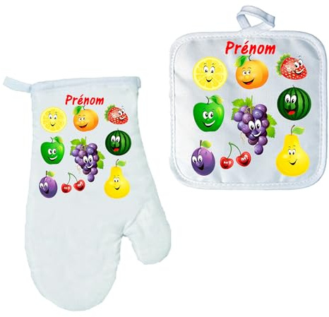 Gant et manique de cuisine fruit rigolo personnalisé avec prénom texte au choix réf 21